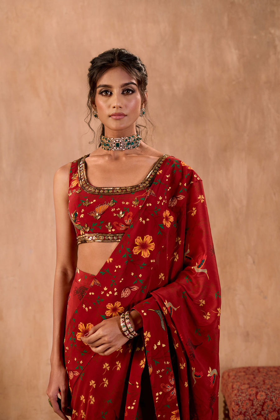 Red Print Embroidered Choli With Pre-Draped Sari Set