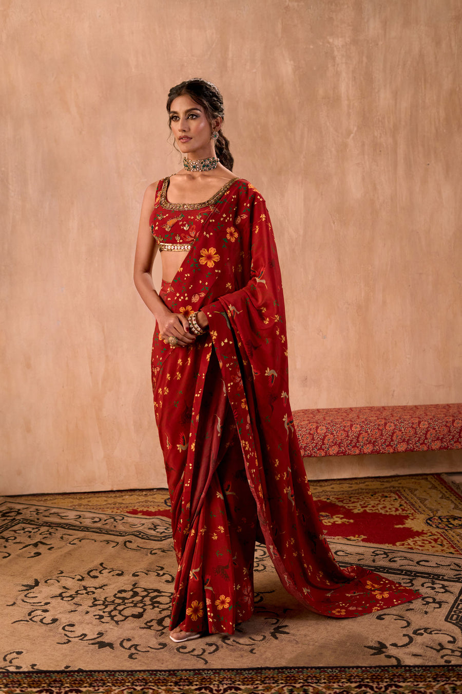 Red Print Embroidered Choli With Pre-Draped Sari Set