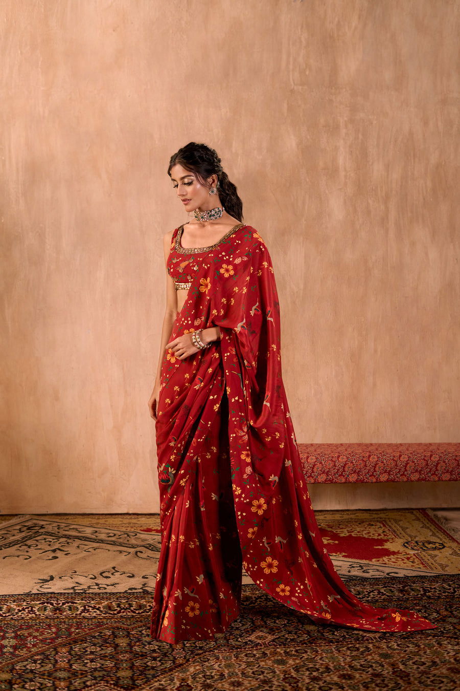 Red Print Embroidered Choli With Pre-Draped Sari Set