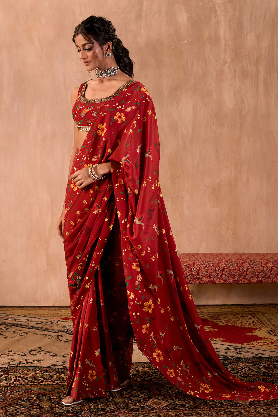 Red Print Embroidered Choli With Pre-Draped Sari Set