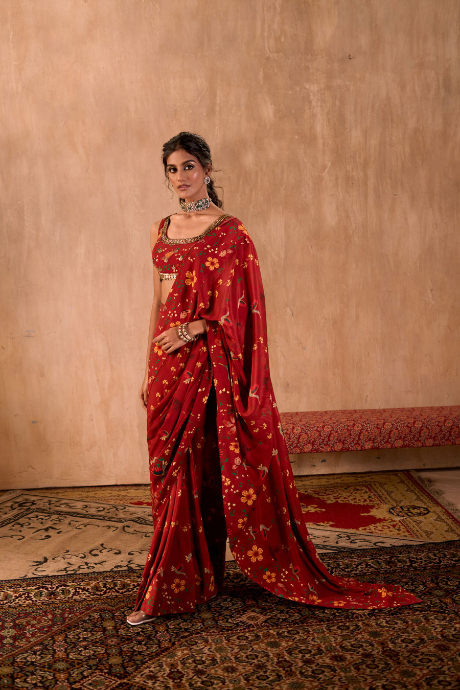 Red Print Embroidered Choli With Pre-Draped Sari Set