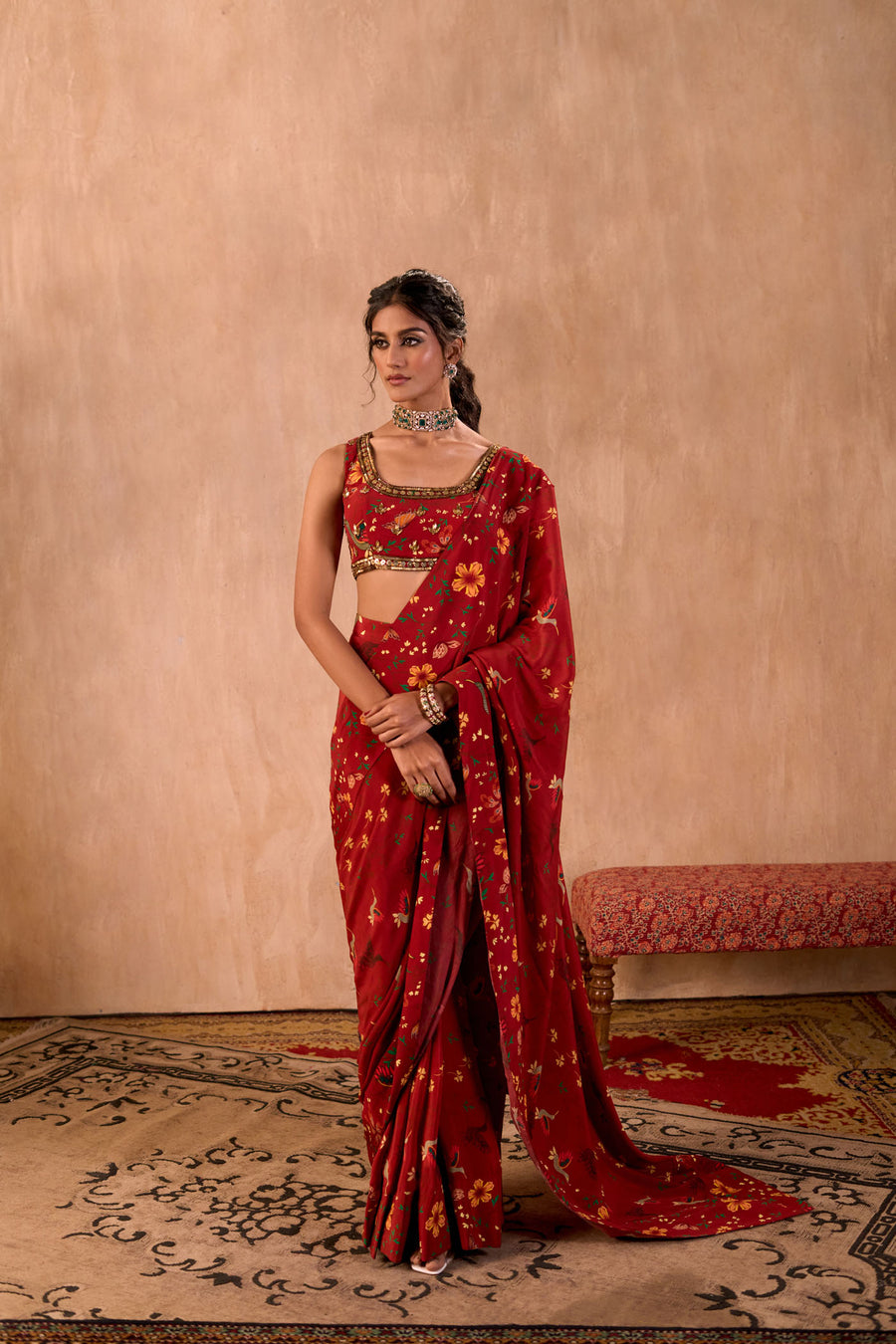 Red Print Embroidered Choli With Pre-Draped Sari Set