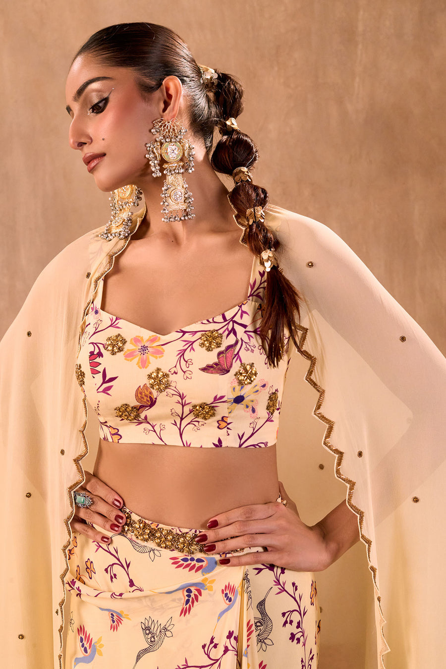 Ivory Print Embroidered Choli, Draped Skirt And Dupatta Set