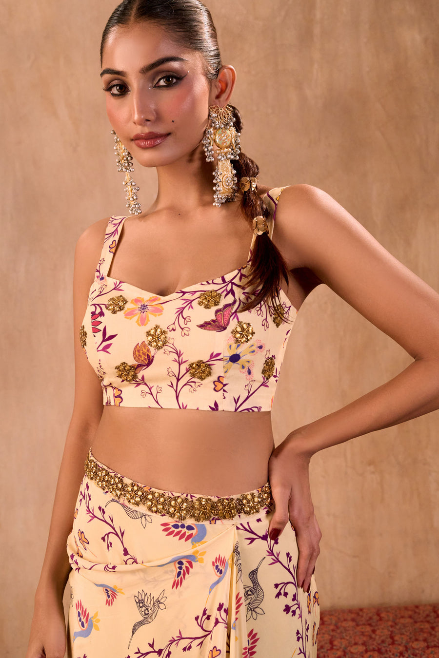 Ivory Print Embroidered Choli, Draped Skirt And Dupatta Set