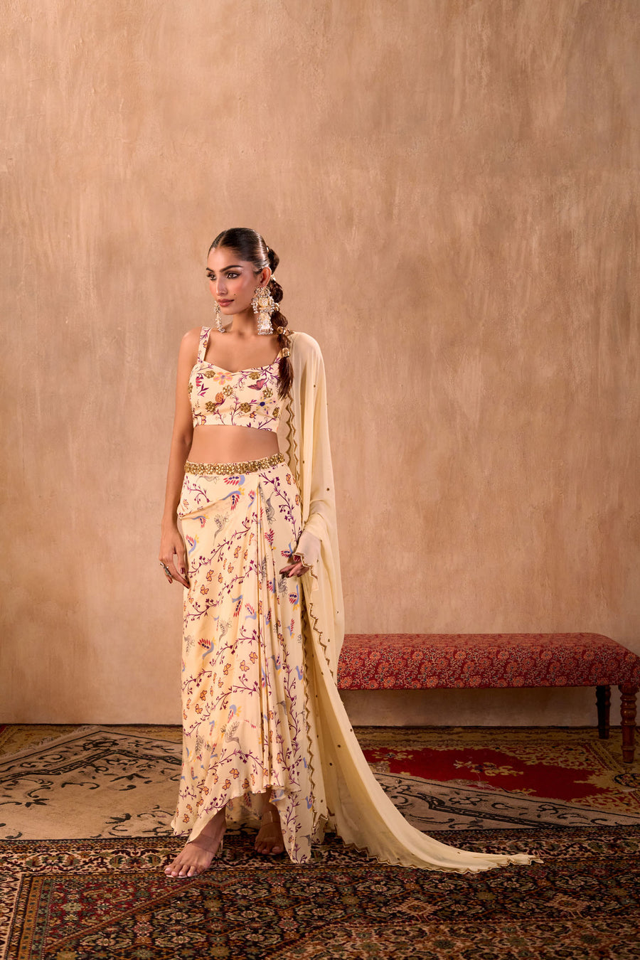 Ivory Print Embroidered Choli, Draped Skirt And Dupatta Set