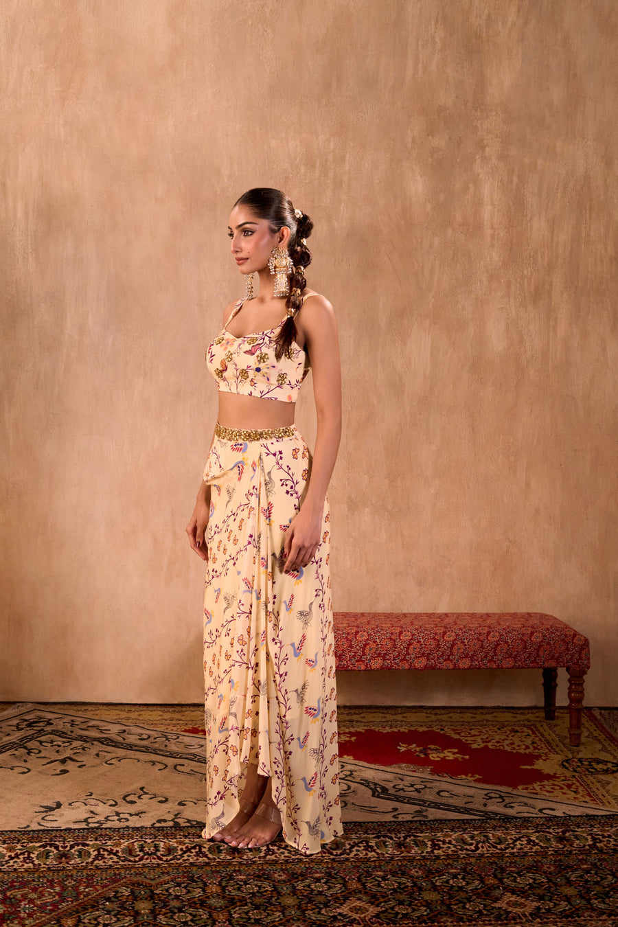 Ivory Print Embroidered Choli, Draped Skirt And Dupatta Set