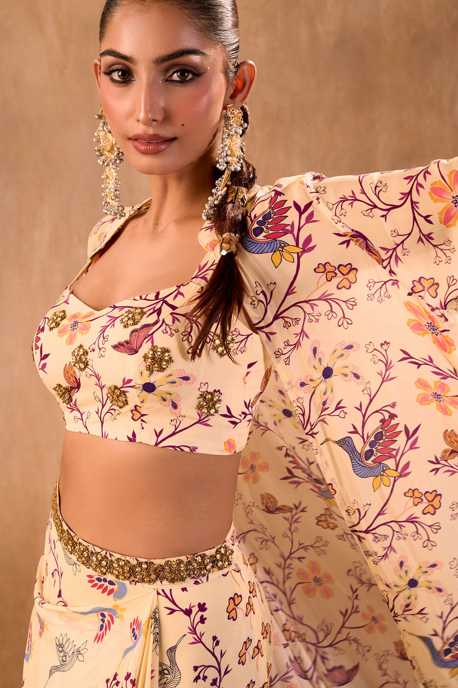 Ivory Print Embroidered Choli, Draped Skirt And Jacket Set
