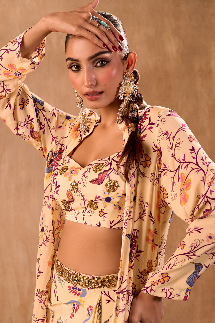 Ivory Print Embroidered Choli, Draped Skirt And Jacket Set