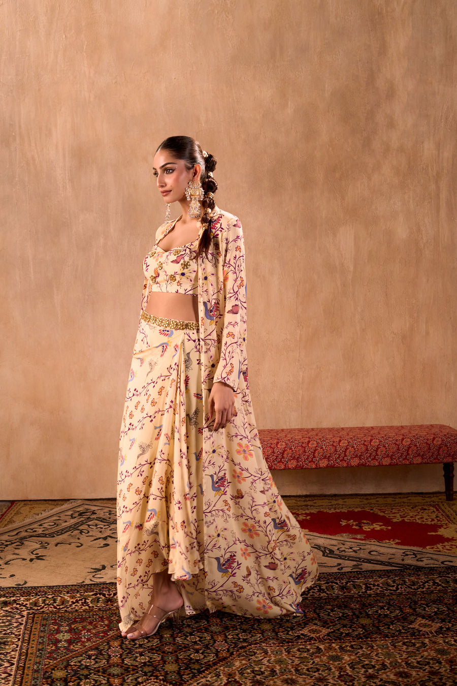 Ivory Print Embroidered Choli, Draped Skirt And Jacket Set