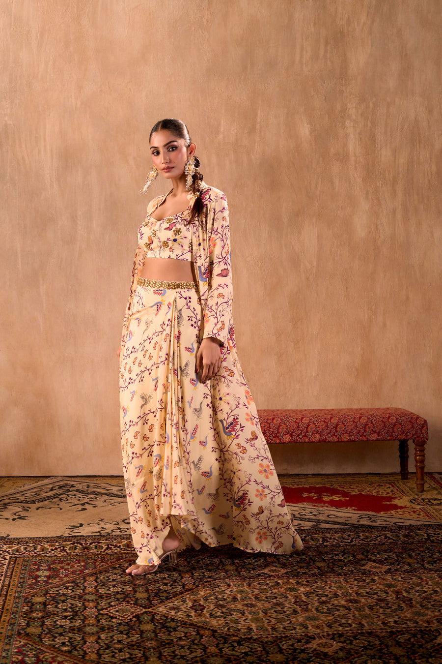 Ivory Print Embroidered Choli, Draped Skirt And Jacket Set