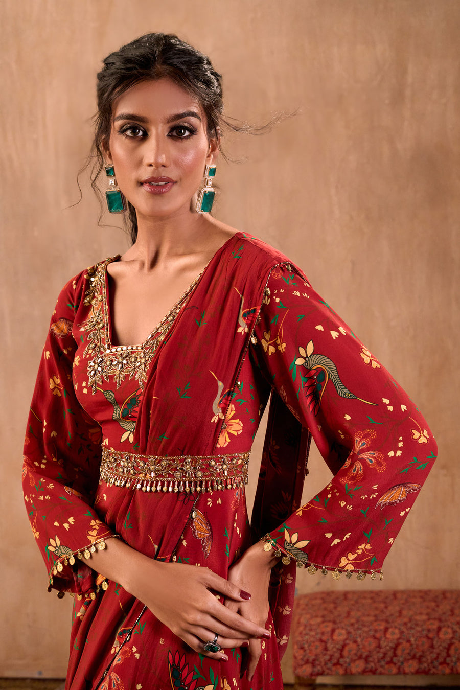 Red Print Embroidered Anarkali With Drape And Belt Set
