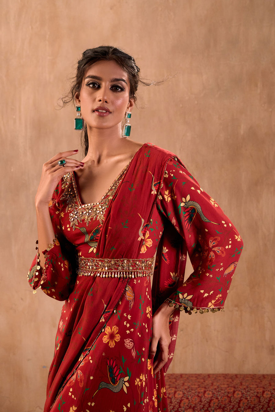 Red Print Embroidered Anarkali With Drape And Belt Set