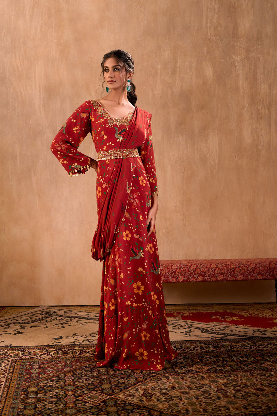 Red Print Embroidered Anarkali With Drape And Belt Set