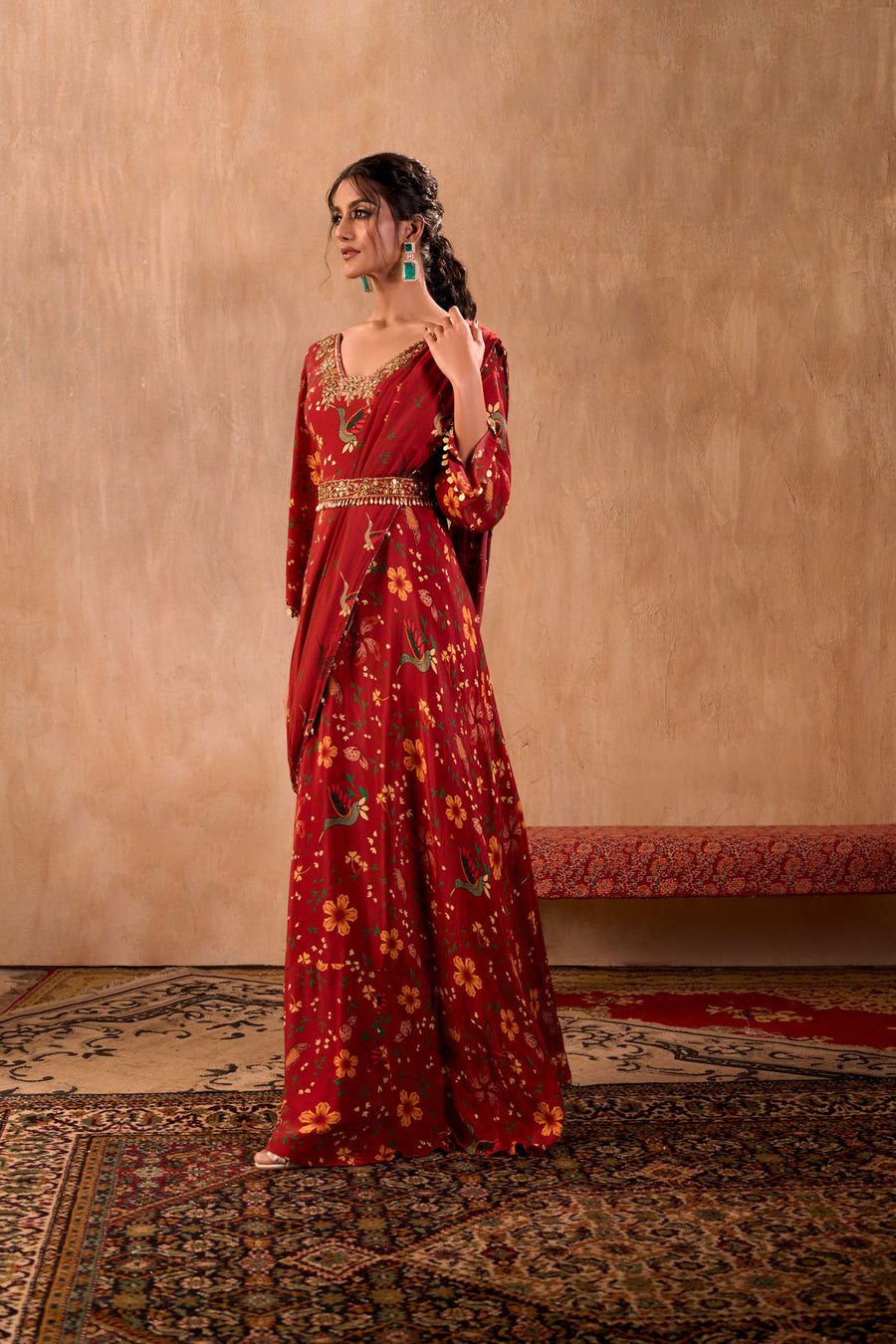 Red Print Embroidered Anarkali With Drape And Belt Set