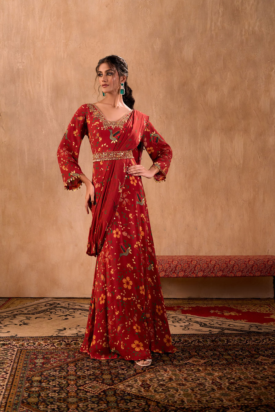 Red Print Embroidered Anarkali With Drape And Belt Set