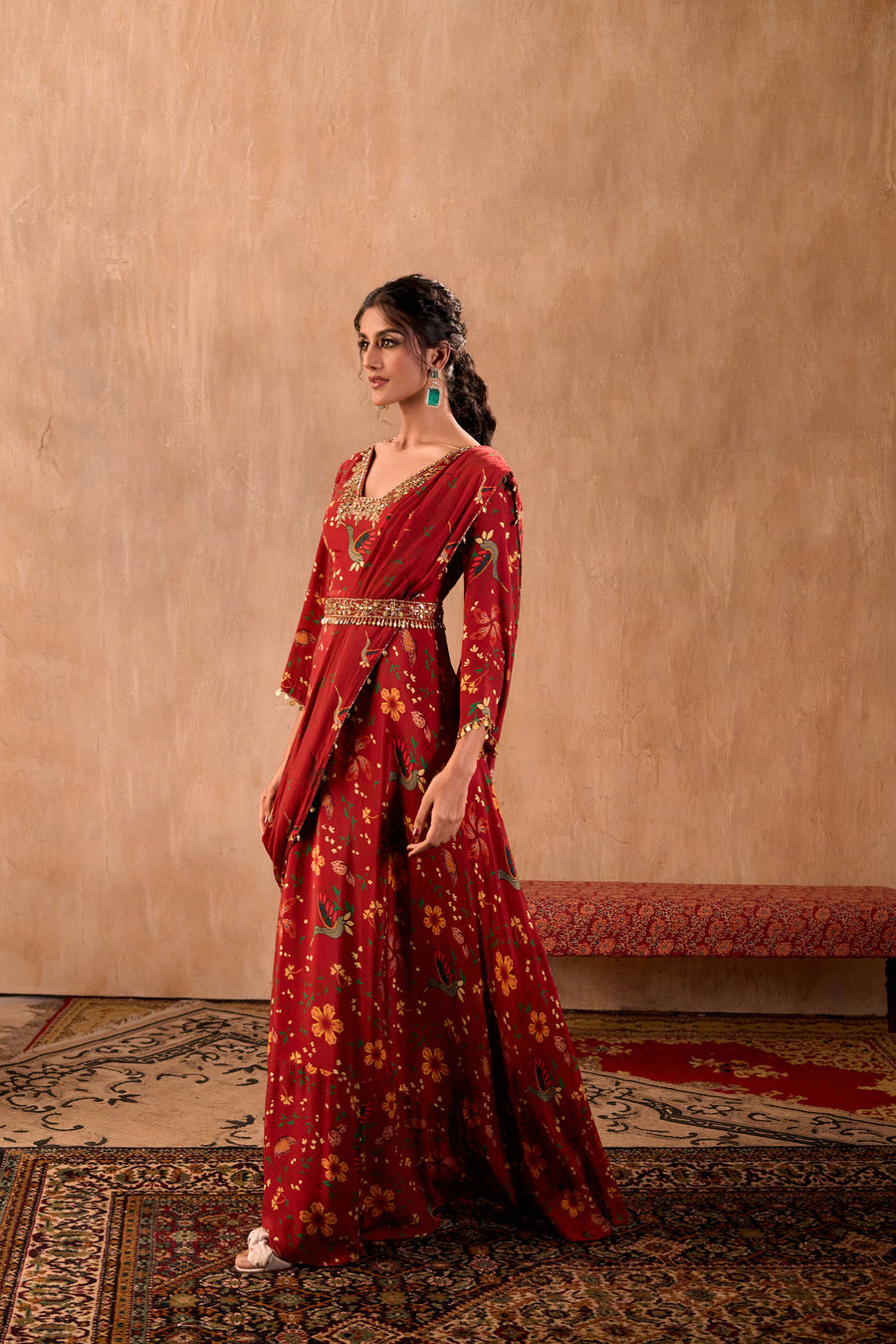 Red Print Embroidered Anarkali With Drape And Belt Set