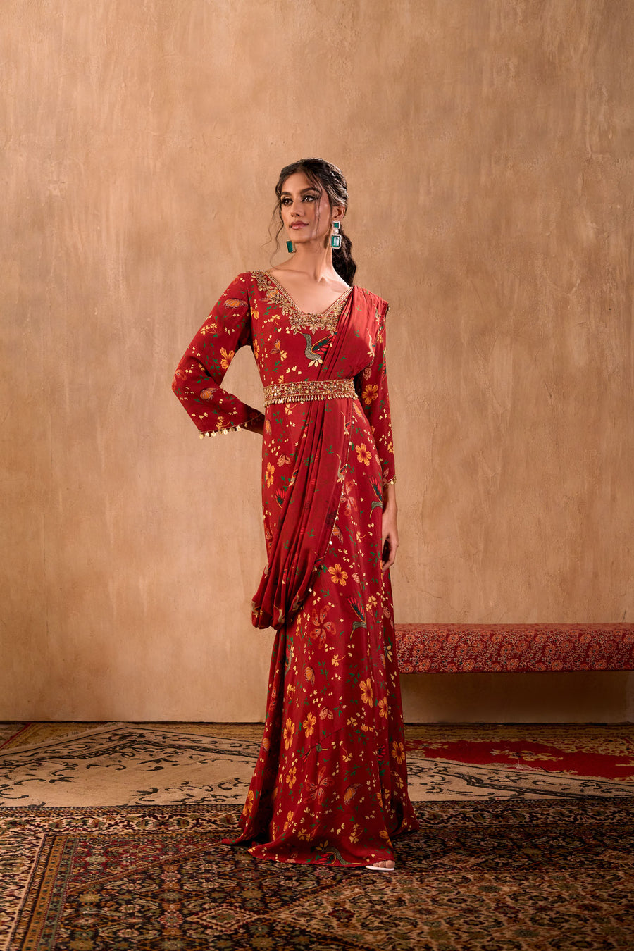 Red Print Embroidered Anarkali With Drape And Belt Set