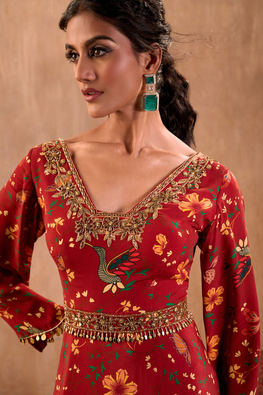 Red Print Embroidered Anarkali With Dupatta And Belt Set