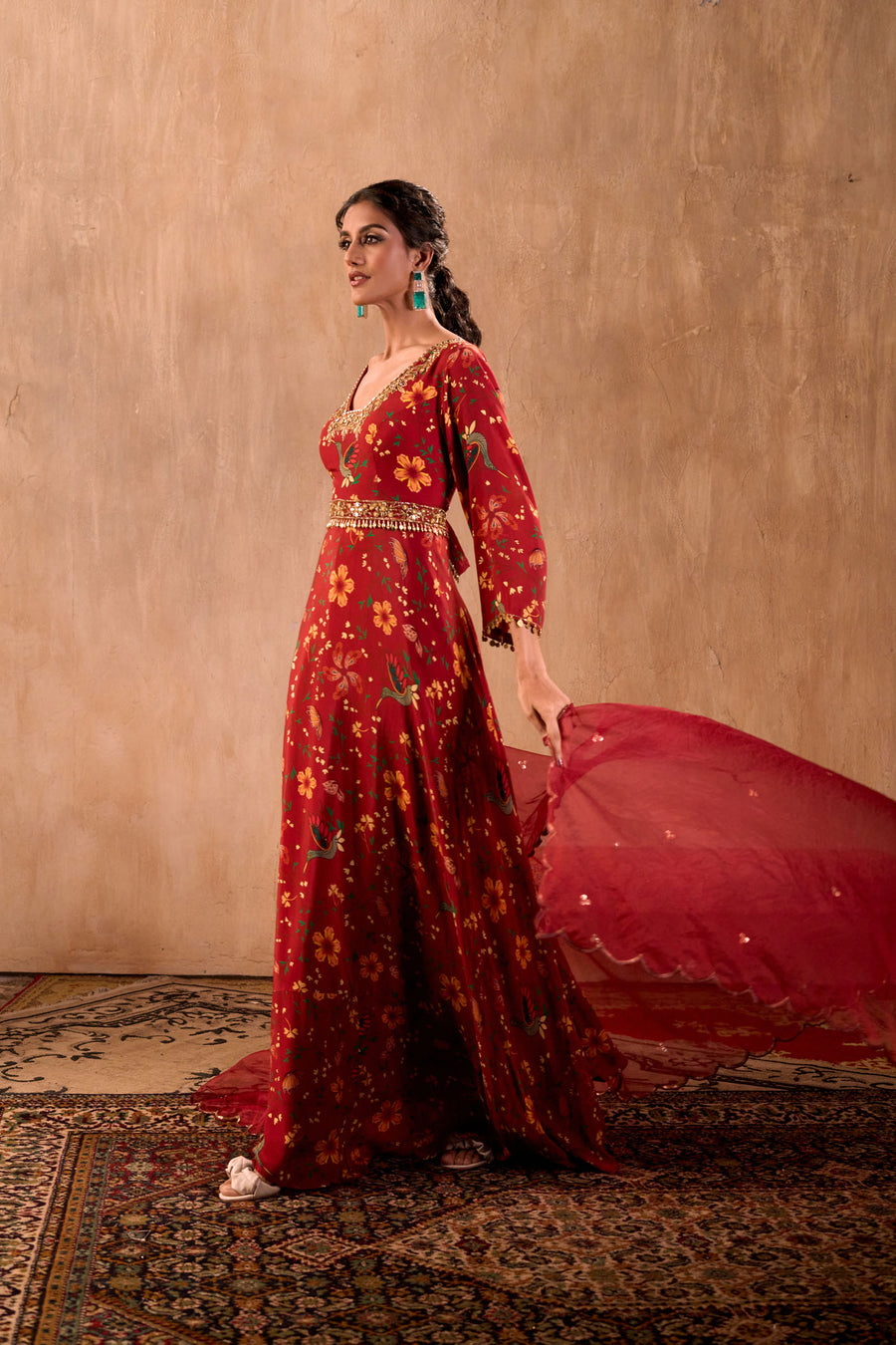 Red Print Embroidered Anarkali With Dupatta And Belt Set