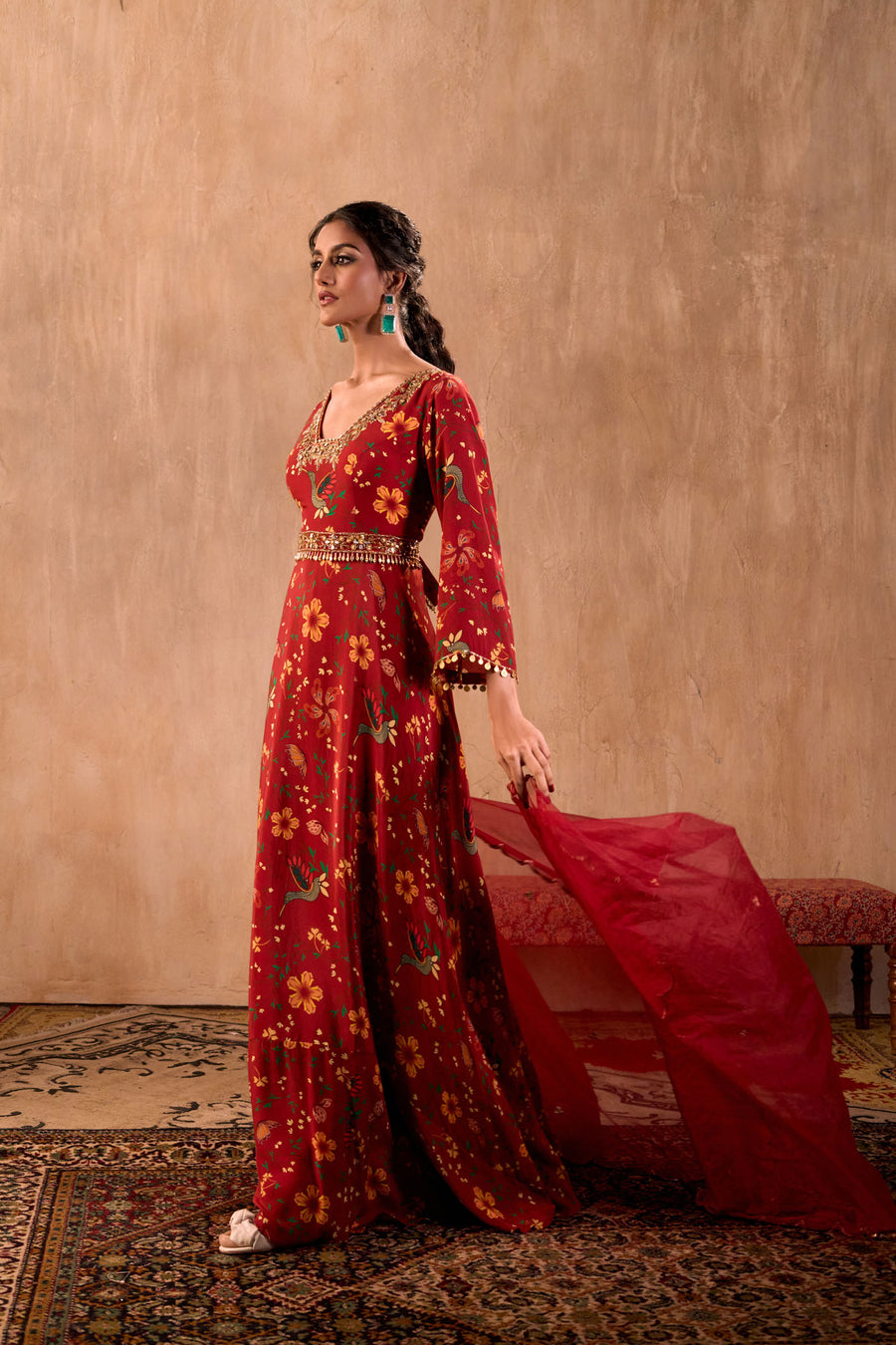 Red Print Embroidered Anarkali With Dupatta And Belt Set