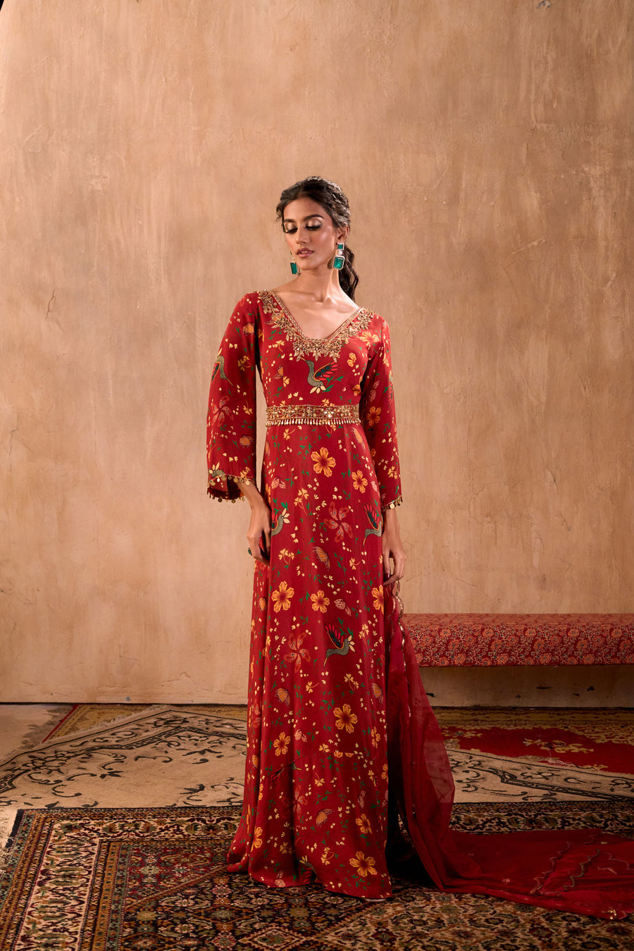 Red Print Embroidered Anarkali With Dupatta And Belt Set