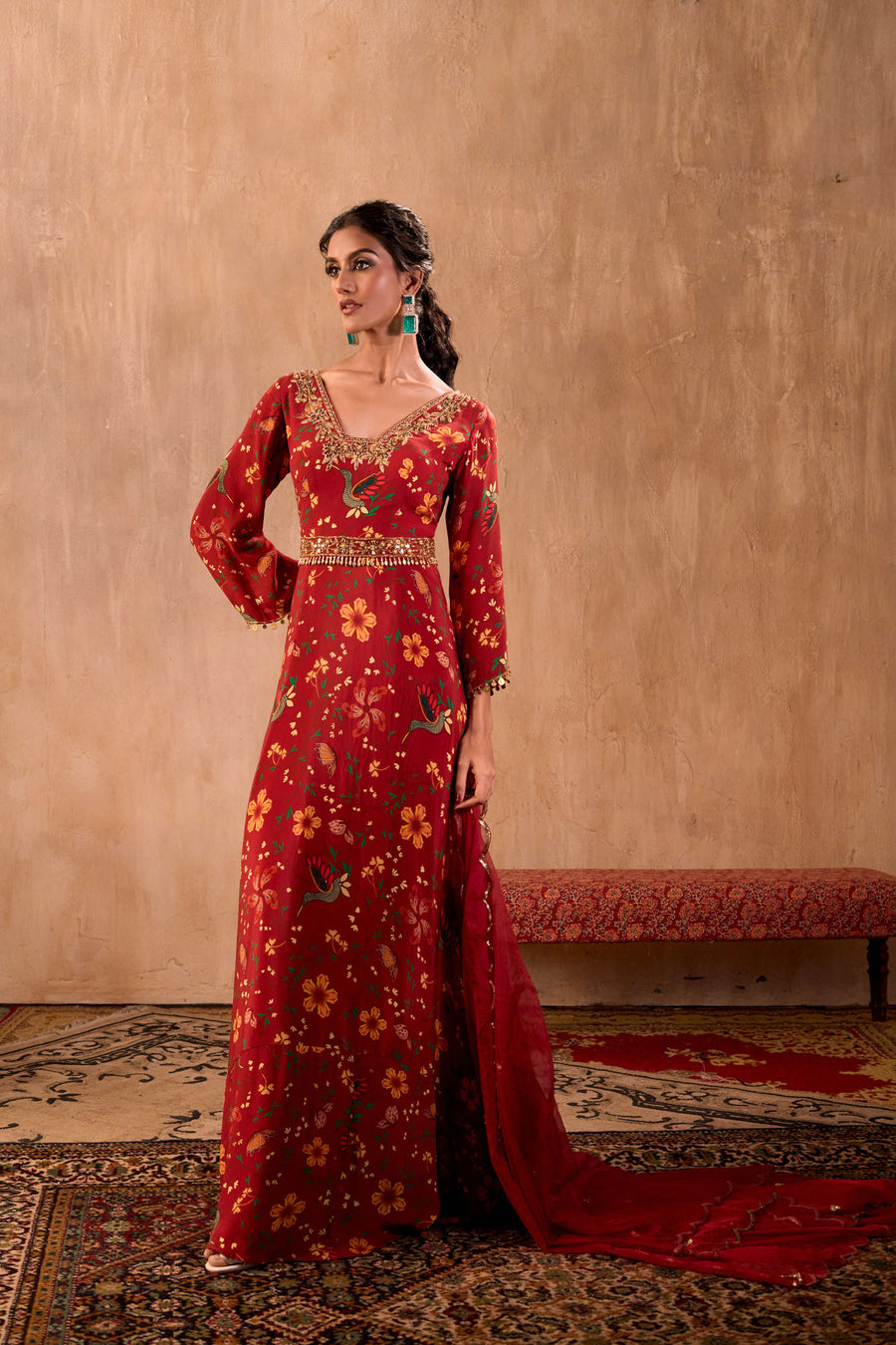 Red Print Embroidered Anarkali With Dupatta And Belt Set
