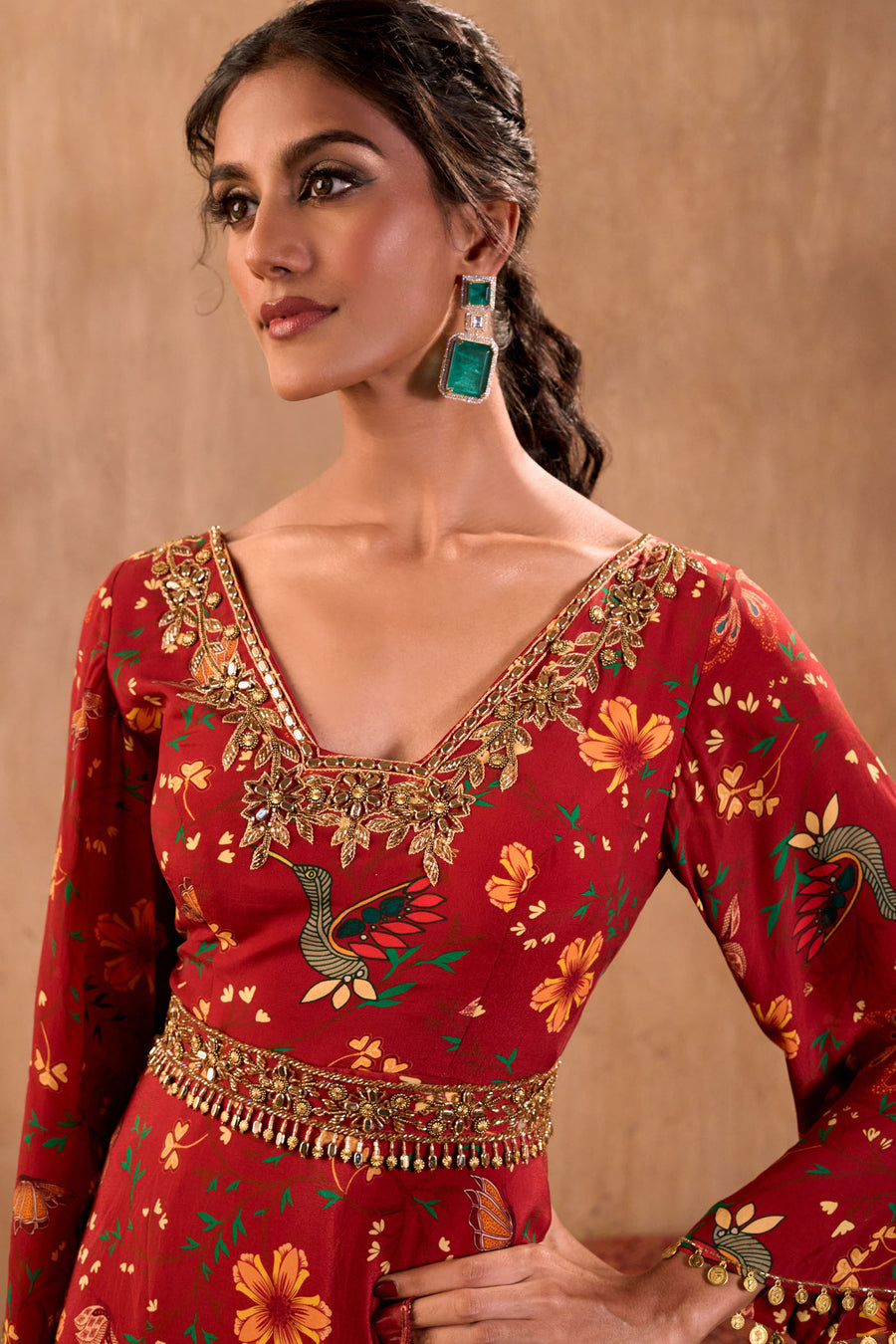 Red Print Embroidered Anarkali With Dupatta And Belt Set
