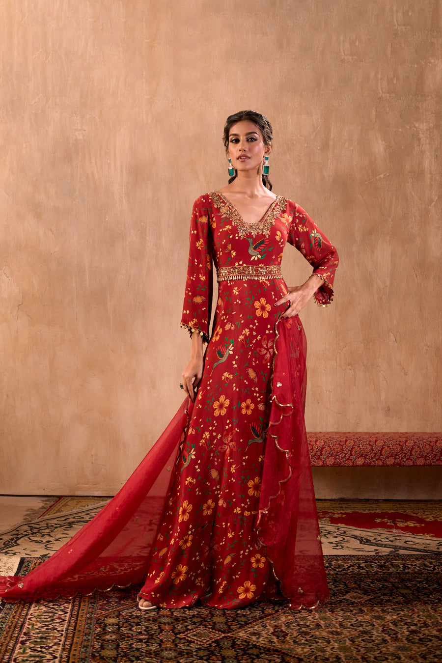 Red Print Embroidered Anarkali With Dupatta And Belt Set
