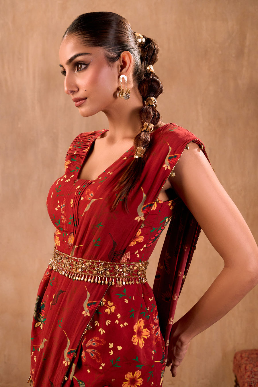 Red Print Embroidered Peplum Top, Draped Pants, Drape And Belt Set