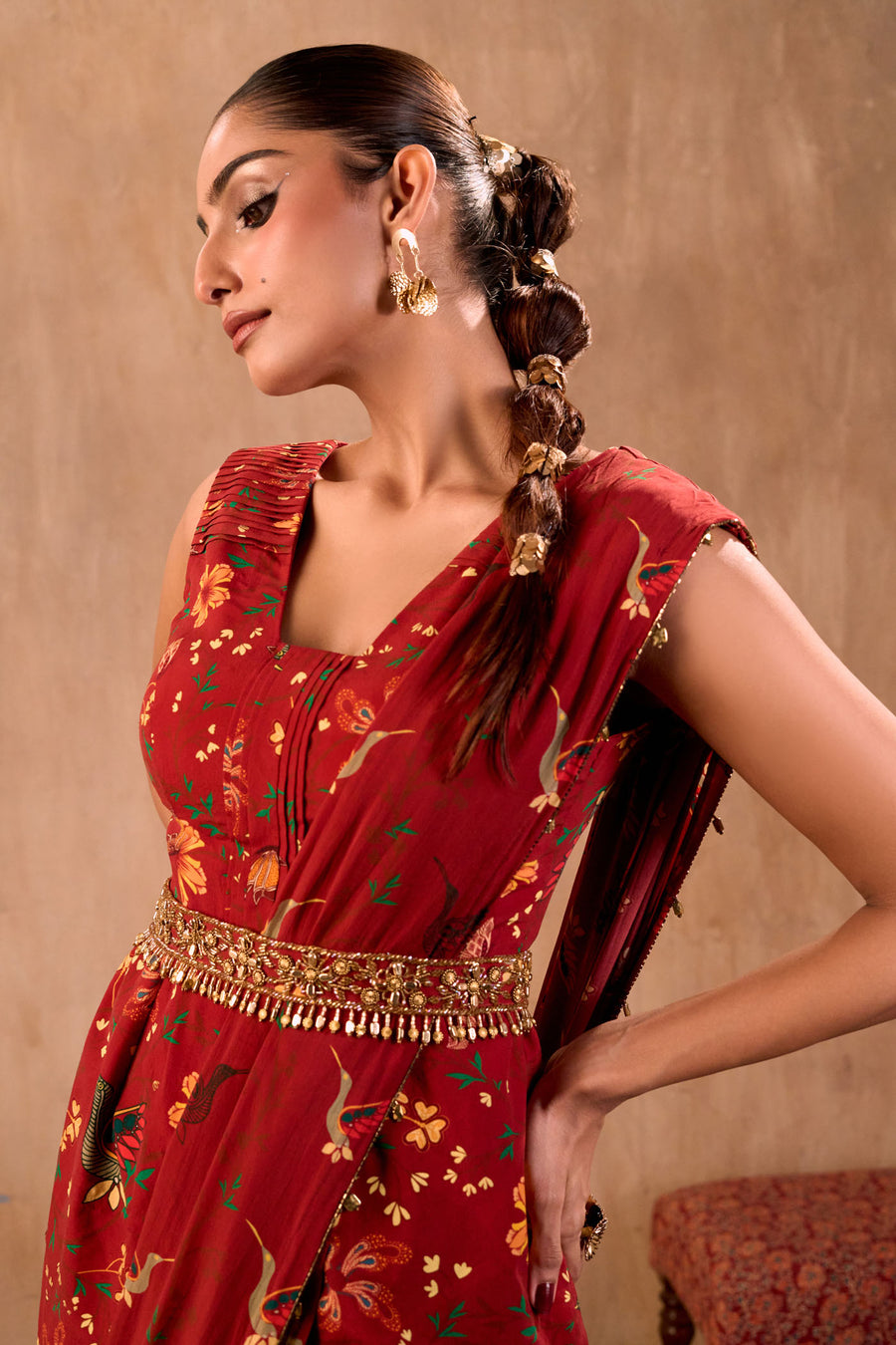 Red Print Embroidered Peplum Top, Draped Pants, Drape And Belt Set