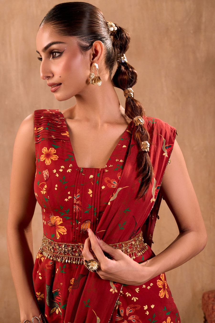 Red Print Embroidered Peplum Top, Draped Pants, Drape And Belt Set