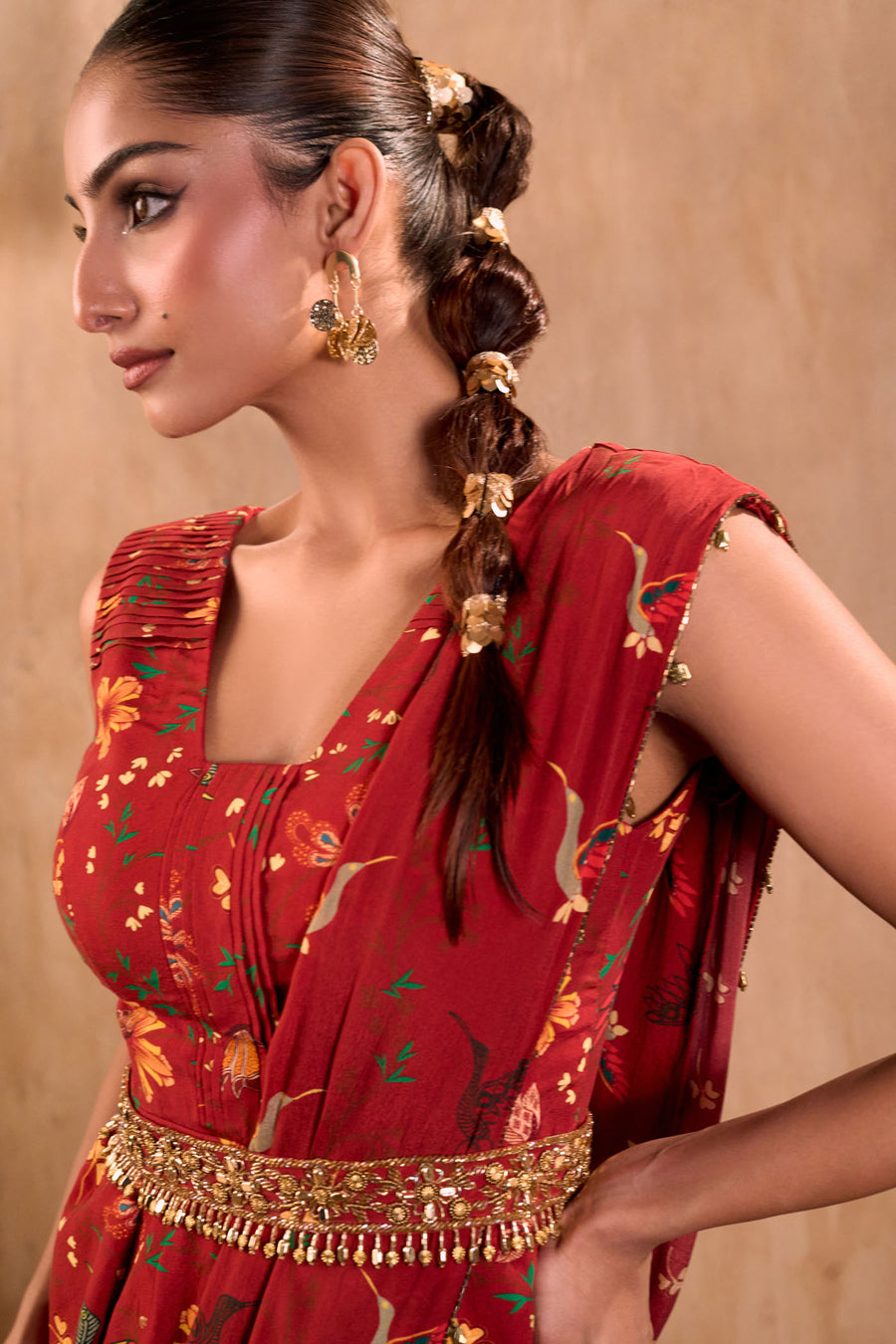 Red Print Embroidered Peplum Top, Draped Pants, Drape And Belt Set