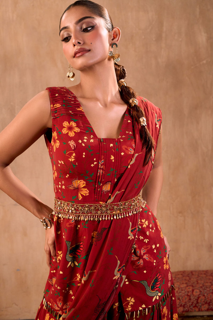 Red Print Embroidered Peplum Top, Draped Pants, Drape And Belt Set