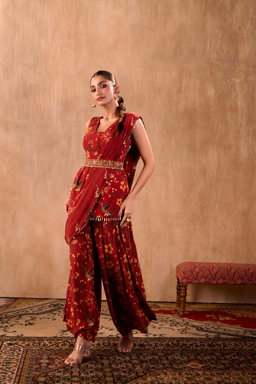 Red Print Embroidered Peplum Top, Draped Pants, Drape And Belt Set