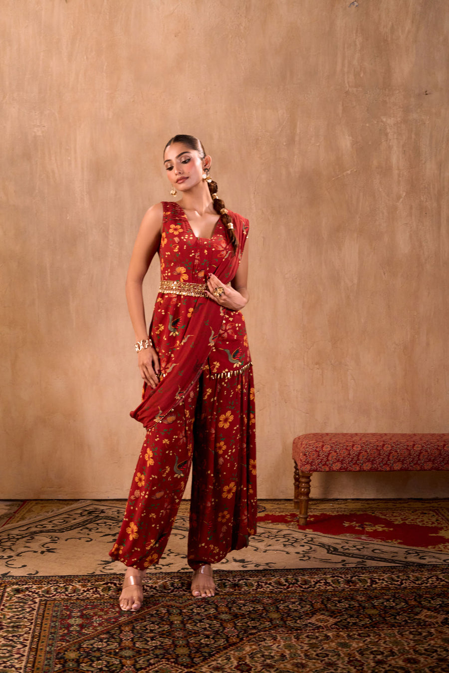 Red Print Embroidered Peplum Top, Draped Pants, Drape And Belt Set