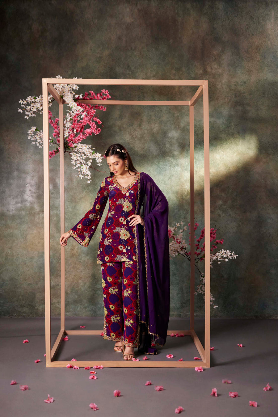 Purple Printed Kurta, Pants And Dupatta Set With Embroidery