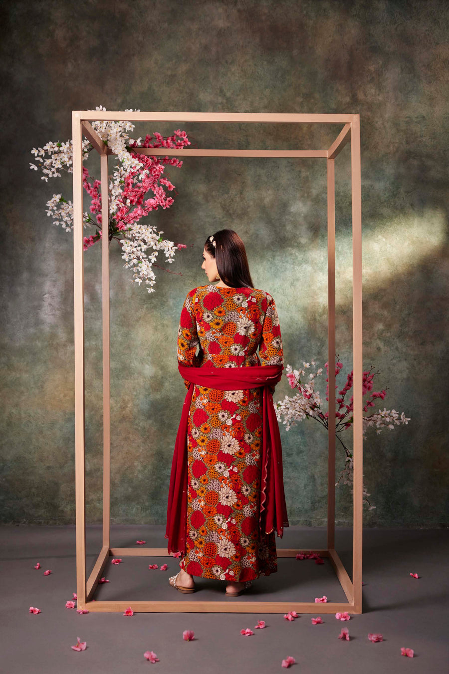 Orange Printed Anarkali And Dupatta Set With Embroidery