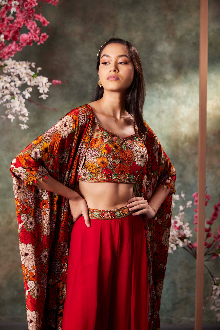 Orange Printed Choli, Pants And Jacket Set With Embroidery