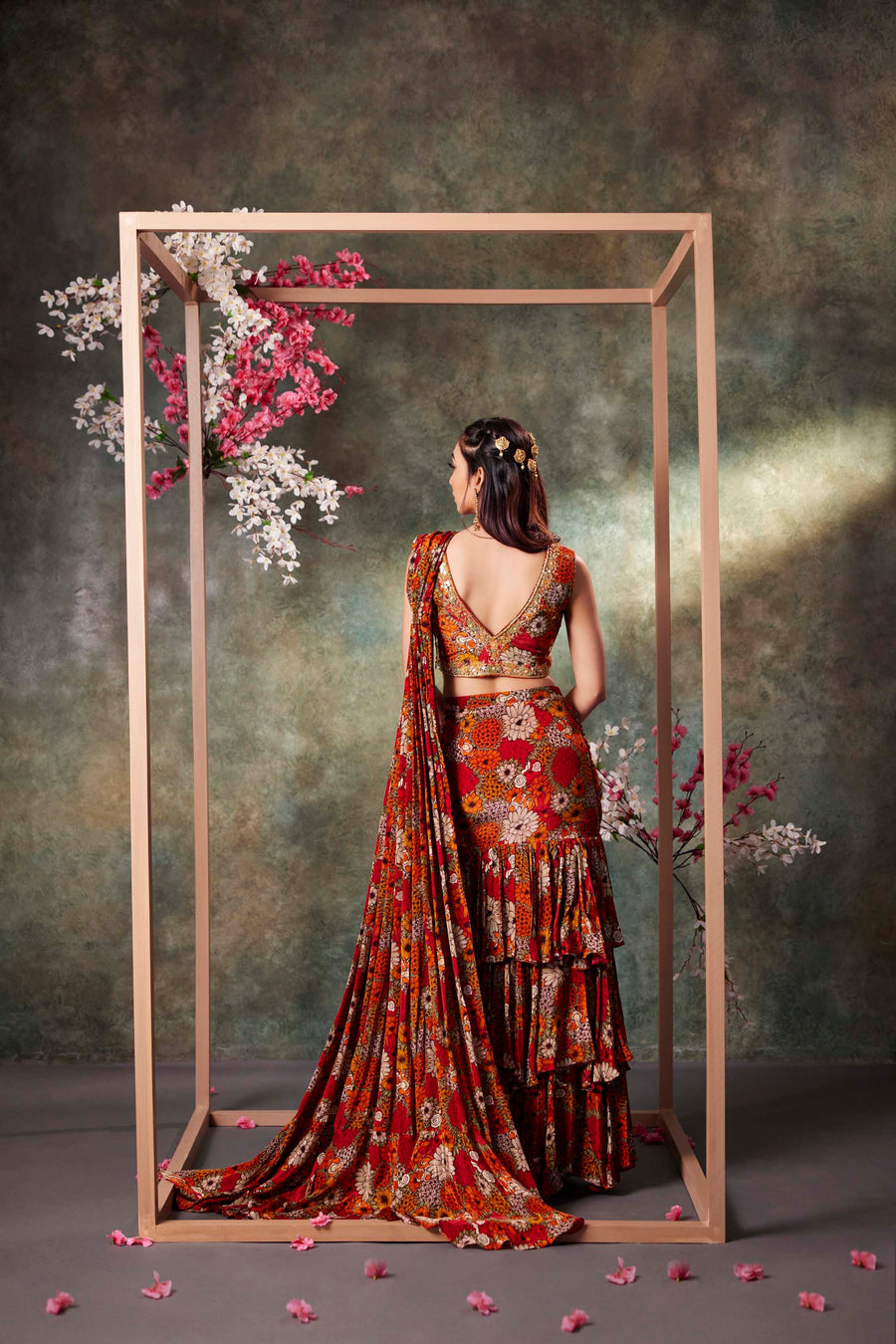 Orange Printed Choli And Pre Draped Ruffle Saree Set With Embroidery