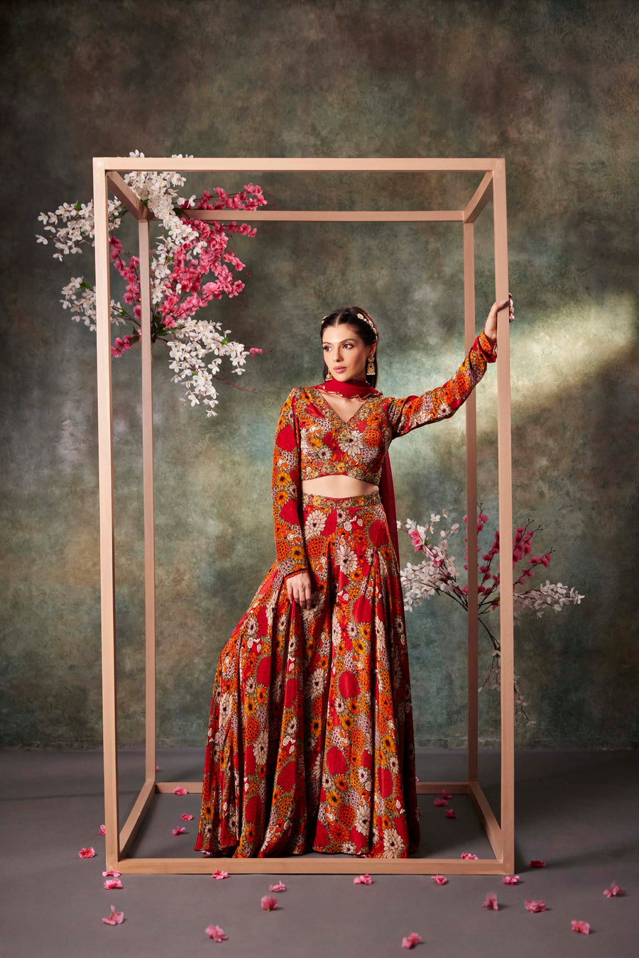 Orange Printed Choli, Pants And Dupatta Set With Embroidery