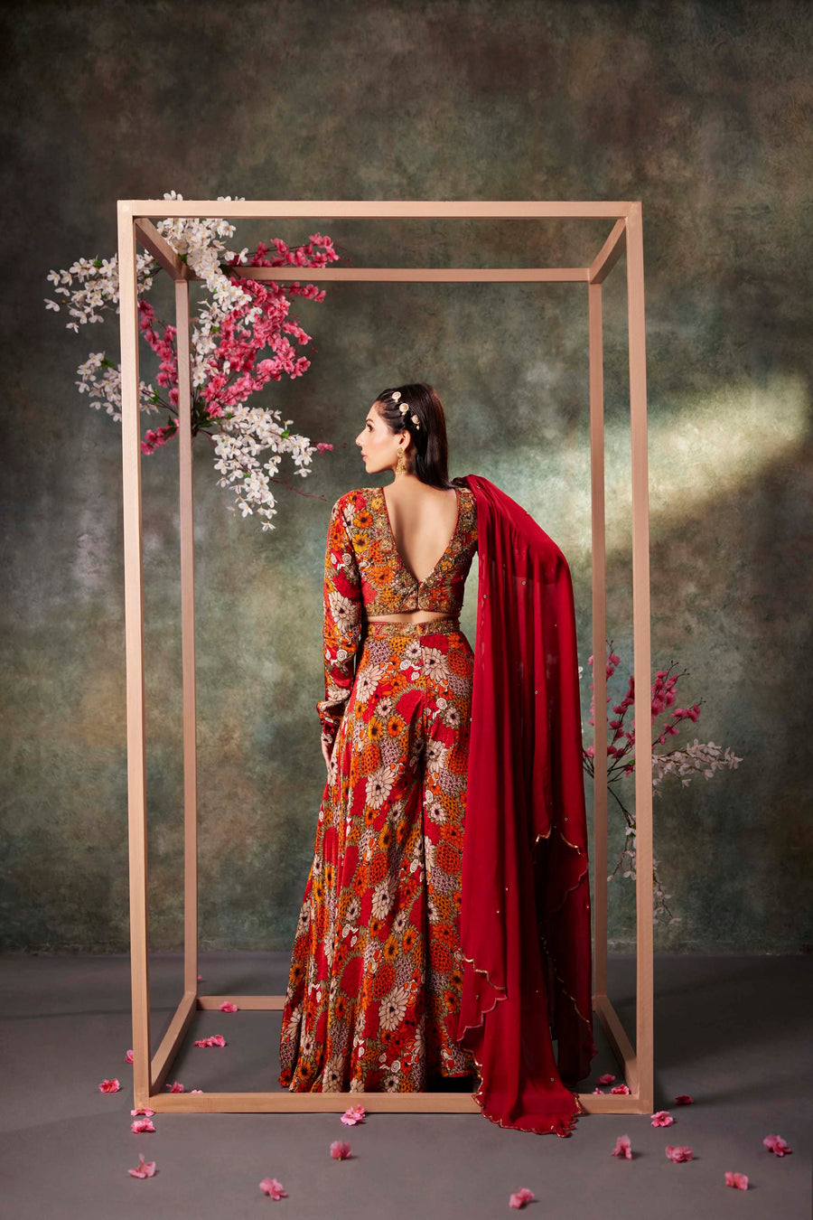 Orange Printed Choli, Pants And Dupatta Set With Embroidery