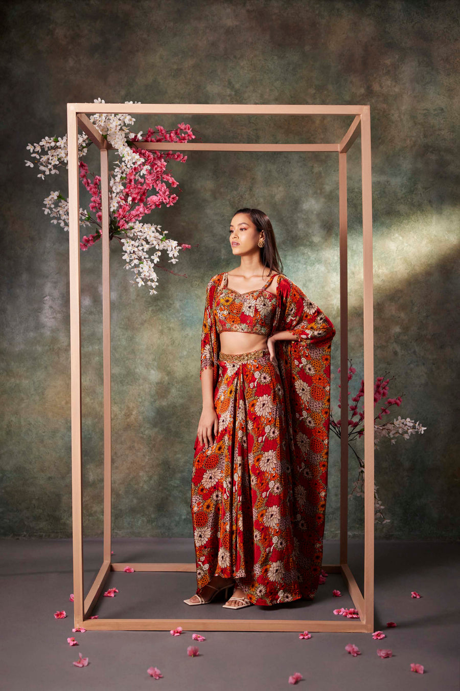 Orange Printed Choli, Skirt And Jacket Set With Embroidery