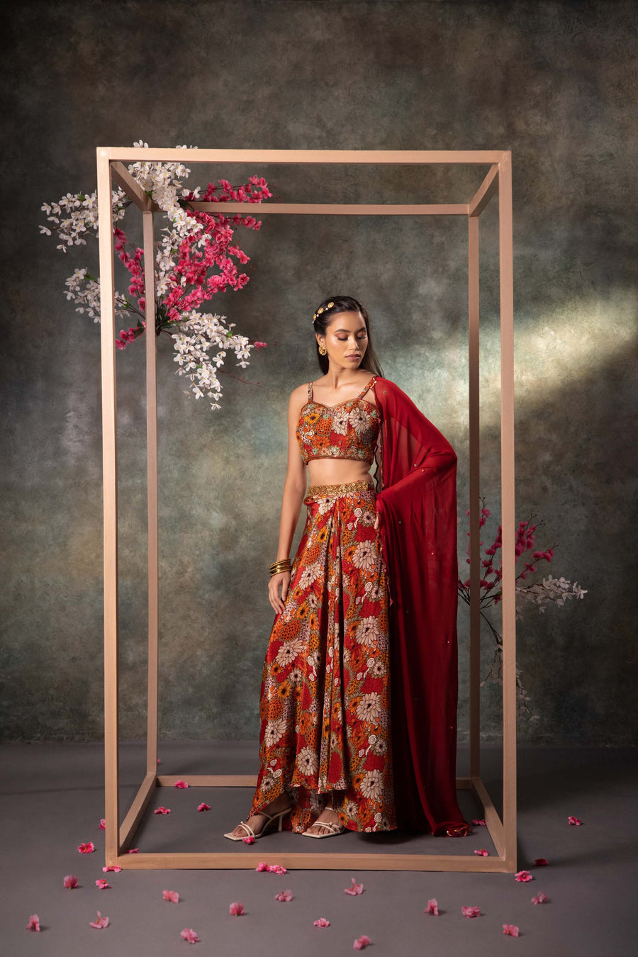 Orange Printed Choli, Skirt And Dupatta Set With Embroidery