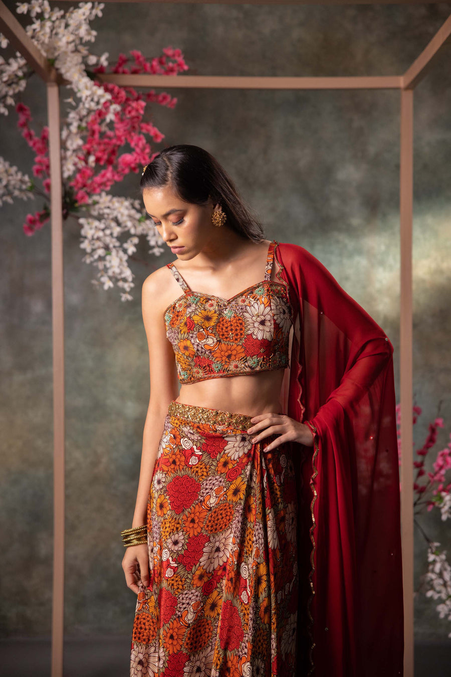 Orange Printed Choli, Skirt And Dupatta Set With Embroidery