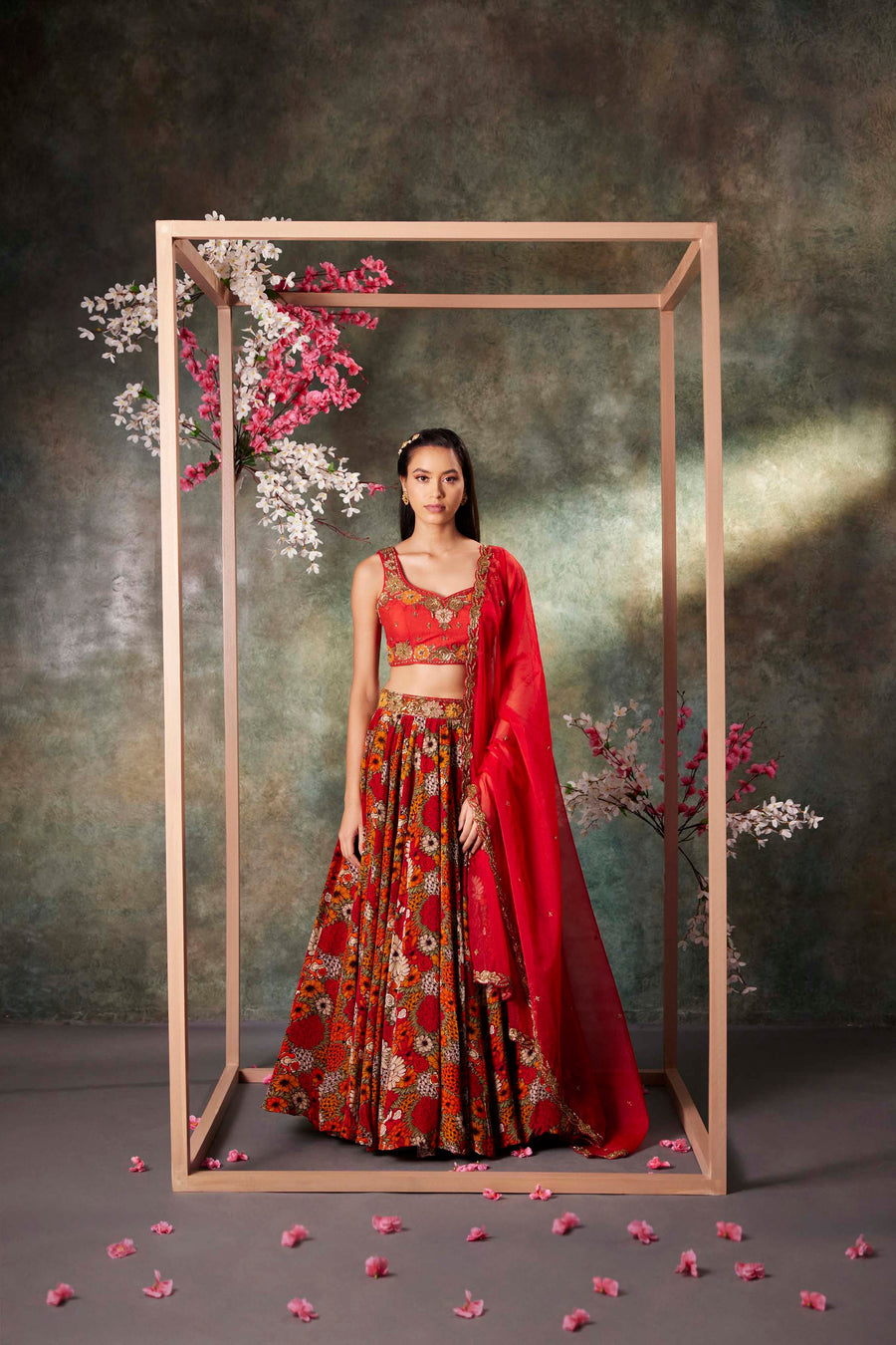 Orange Printed Choli, Lehenga And Dupatta Set With Embroidery