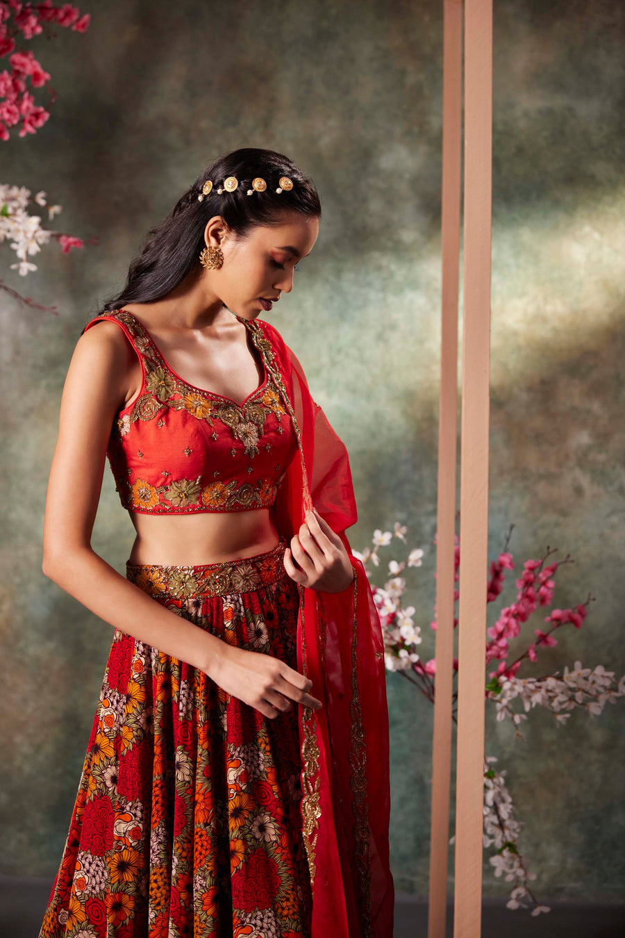 Orange Printed Choli, Lehenga And Dupatta Set With Embroidery