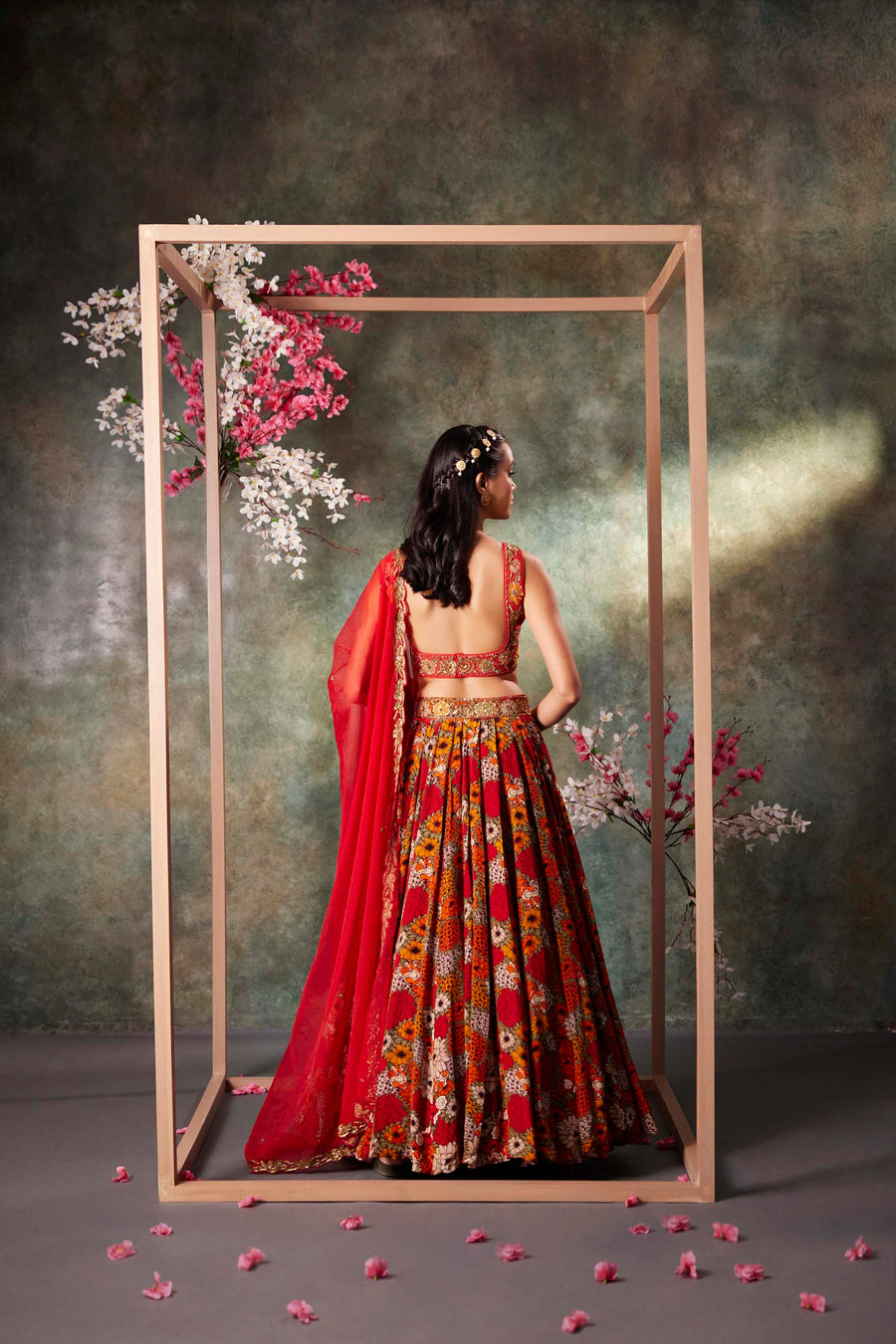 Orange Printed Choli, Lehenga And Dupatta Set With Embroidery