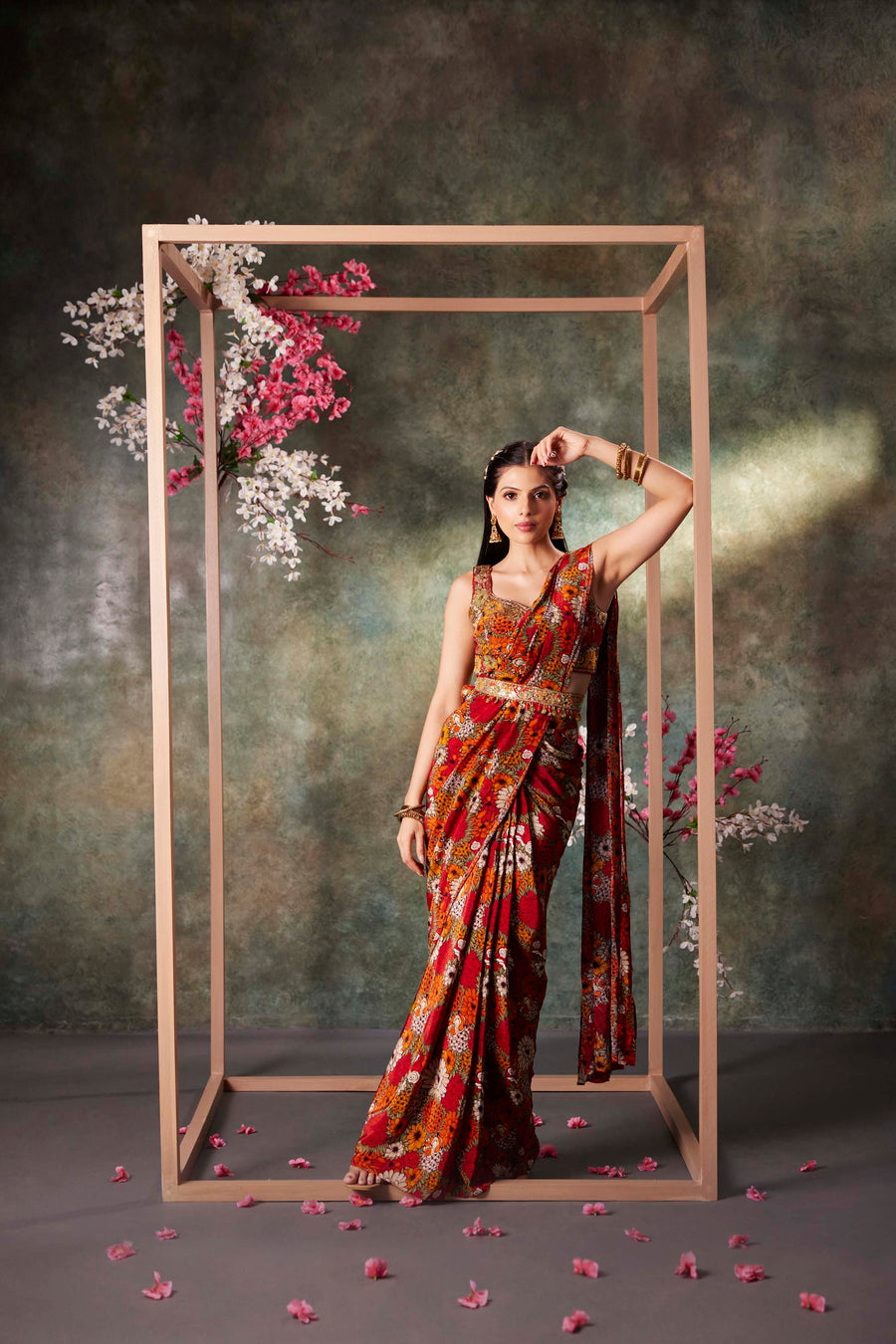 Orange Printed Choli And Pre Draped Saree Set With Embroidery