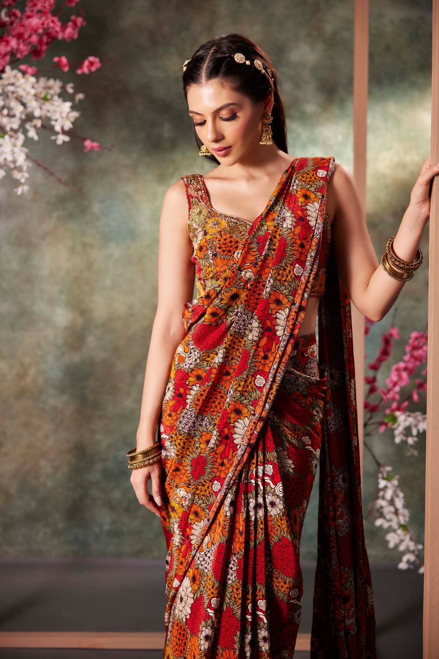 Orange Printed Choli And Pre Draped Saree Set With Embroidery