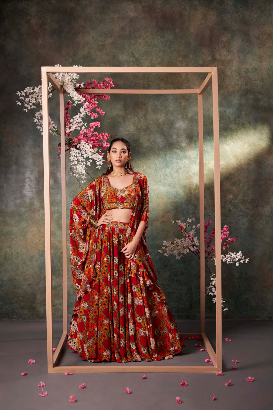 Orange Printed Choli, Lehenga And Jacket Set With Embroidery